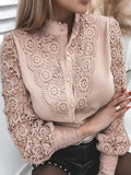 Women's Blouse Lace Crochet Lapel Button Flare Sleeve Elegant Top Blouse