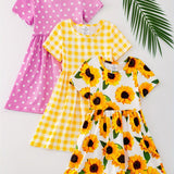 3pcs Girls Charming Short Sleeve Dress Set - Adorable Striped & Polka Dot Print with Sunflower Accent - Lightweight Summer Wear for Parties and Gifts