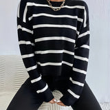 deanwangkt-1  Striped Crew Neck Pullover Sweater, Casual Long Sleeve Drop Shoulder Sweater, Women's Clothing