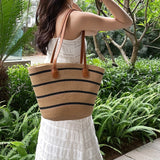 deanwangkt-1  Striped Pattern Straw Bag, Vacation Style Tote Bag, Boho Style Shoulder Bag For Travel Beach