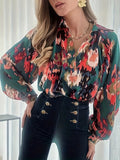 Plus Size Casual Blouse, Women's Plus Tie Dye Lantern Sleeve Lapel Collar Shirt Top