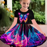 Enchanting 3D Butterfly Adorned Girls' Dress - Soft Cotton Crew Neck, Short Sleeve Design, Ideal for Summer Parties and Everyday Elegance