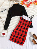 2pcs Elegant Ribbed Long Sleeve Cropped Top + Plaid Cami Dress Set Spring Fall Christmas Gift, girl's outdoor activities