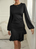 Ruffle Hem Ruched Dress, Elegant Solid Long Sleeve Dress, Women's Clothing