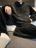 Men's Simple Style Solid Casual Pajamas Sets, Warm Flannel Lounge Wear, Long Sleeve Hoodies Pullover Top & Loose Pants