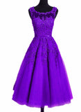 Solvbao Beautiful Tea Length Purple Round Neckline Bridesmaid Dress, Lace Appplique Party Dress