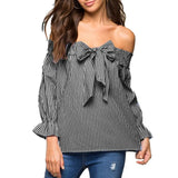 Sexy Off Shoulder Blouse Summer Women Bow Slash Neck Long Sleeve Blue Vertical Striped Shirt Blusas Casual Tops Plus Size