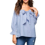 Sexy Off Shoulder Blouse Summer Women Bow Slash Neck Long Sleeve Blue Vertical Striped Shirt Blusas Casual Tops Plus Size