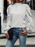 Mock Neck Puff Sleeve Blouse, Casual Solid Blouse For Spring & Fall, Women's Clothing