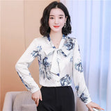 Women's Designer Floral Printed Shirt With Neck Bow Plus Size Elegant Long Sleeve Office Ladies Runway Silk Button Shirts Sweet Girl Chic Satin Blouses Red Tops