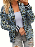 Leopard Print Bomber Jacket, Casual Zip Up Long Sleeve Outerwear, Women's Clothing