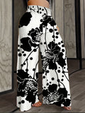 Plus Size Casual Pants, Women's Plus Abstract Figure Print High Waist Wide Leg Loose Pants