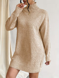 deanwangkt-1  High Neck Solid Dress, Casual Long Sleeve Knitted Mini Dress, Women's Clothing