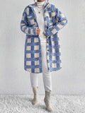 Long Sleeve Elegant Plaid Pattern Button Front Teddy Coat for Fall & Winter, Women's Mid-length Warm Outerwear