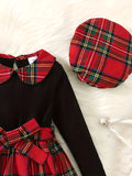 2-Piece Christmas Dress Set for Girls - Splicing Plaid Dress with Bow Belt and Plaid Beret Hat - Perfect for Fall Party, Holiday Outfit, and Winter Fashion for Kids