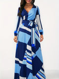 Plus Size Sexy Dress, Women's Plus Random Geometric Print Long Sleeve V Neck Wrap Dress