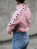 Striped Turtle Neck Button Decor Blouse, Elegant Long Sleeve Blouse, Women's Clothing