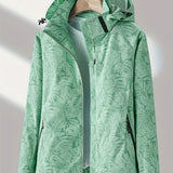 Leaf Print Outdoor Jacket With Removable Hood, Women's Windproof & Rainproof Jacket, Women's Outdoor Clothing