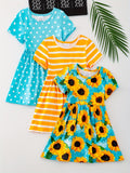 3pcs Girls Charming Short Sleeve Dress Set - Adorable Striped & Polka Dot Print with Sunflower Accent - Lightweight Summer Wear for Parties and Gifts