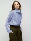 Striped Turtle Neck Button Decor Blouse, Elegant Long Sleeve Blouse, Women's Clothing