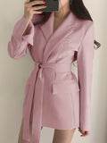 Solid Lapel Belted Blazer, Elegant Long Sleeve Blazer For Spring & Fall, Women's Clothing