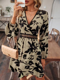 Floral Print Surplice Neck Dress, Elegant Long Sleeve A Line Dress, Women's Clothing