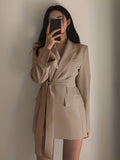 Solid Lapel Belted Blazer, Elegant Long Sleeve Blazer For Spring & Fall, Women's Clothing