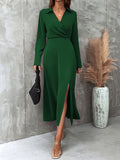 Split Solid Midi Dress, Elegant V Neck Long Sleeve Dress, Women's Clothing