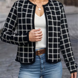 Plaid Open Front Jacket, Casual Contrast Trim Jacket For Spring & Fall, Women's Clothing