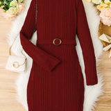 Teen Girls Rib Knitted Warm Bodycon Sweater Dress With Belt