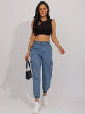 Flap Pocket Double Side Bottons Cargo Jeans, Wash Blue Street Jogger Jeans, Women's Denim Jeans & Clothing