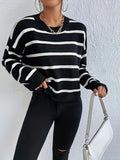 deanwangkt-1  Striped Crew Neck Pullover Sweater, Casual Long Sleeve Drop Shoulder Sweater, Women's Clothing