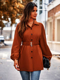 Solid Button Front Shirt, Elegant Long Sleeve Belted Lapel Shirt, Women's Clothing