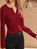 Solid V Neck Blouse, Casual Long Sleeve Simple Blouse, Women's Clothing