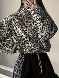 Leopard Plush Half Zipper Coat, Casual Long Sleeve Drawstring Crop Coat, Women's Clothing