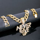 Never give up pendant hip hop Cuban chain necklace, chain length 18in wide 0.59in, gift box