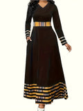 Plus Size Casual Dress, Women's Plus Geometric Print Long Sleeve V Neck Medium Stretch Pron Maxi Dress With Pockets