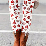 Plus Size Christmas Pants, Women's Plus Allover Print High Rise Medium Stretch Skinny Trousers