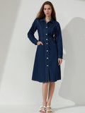 deanwangkt-1  Blue Single Breasted Button Denim Dress, Long Sleeves Slant Pockets Lapel Denim Dress, Women's Denim Clothing