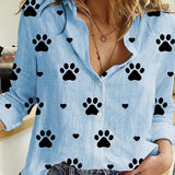 Paw Print Button Front Shirt, Casual Long Sleeve Shirt For Spring & Fall, Women's Clothing