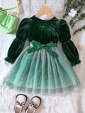 Girls' Gradient Mesh Christmas Velvet Stitching Lace-up Princess Dress For Autumn And Winter