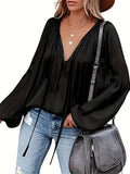 Solid Tie Neck Pleated Blouse, Casual Long Sleeve Blouse For Spring & Fall, Women's Clothing