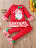 2pcs Toddler Girl's Santa Clause Patched Peplum Top & Flared Pants Set, Christmas Outfit for Spring Fall Festival