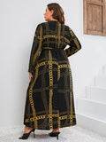 Plus Size Elegant Dress, Women's Plus Chian Print Long Sleeve Surplice Neck Slight Stretch Maxi Dress With Belt