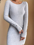 deanwangk Ribbed Solid Dress, Elegant Crew Neck Long Sleeve Bodycon Dress, Women's Clothing