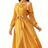All Over Print One Shoulder Dress, Elegant Long Sleeve Belted Dress, Women's Clothing
