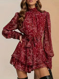 Floral Print High Neck Dress, Elegant Layered Ruffle Long Sleeve Dress, Women's Clothing