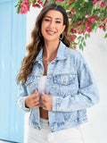 deanwangkt-1  Blue Faux Pearl Studded Denim Jackets, Long Sleeves Flap Pockets Lapel Denim Coats, Women's Denim Clothing
