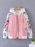 Girls Zip Jacket Floral Print Long Sleeve Fleece Warm Jacket Coat For Kids Teens Autumn And Winter