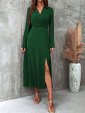 Split Solid Midi Dress, Elegant V Neck Long Sleeve Dress, Women's Clothing